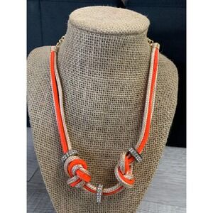 Neon Orange Gold Braided Rope Knot Statement Necklace Rhinestone Accents 18 In